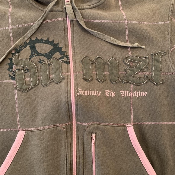 Damzl Tops - Damzl Hoodie Womens Medium Brown Pink Full Zip Feminize The Machine Graphic